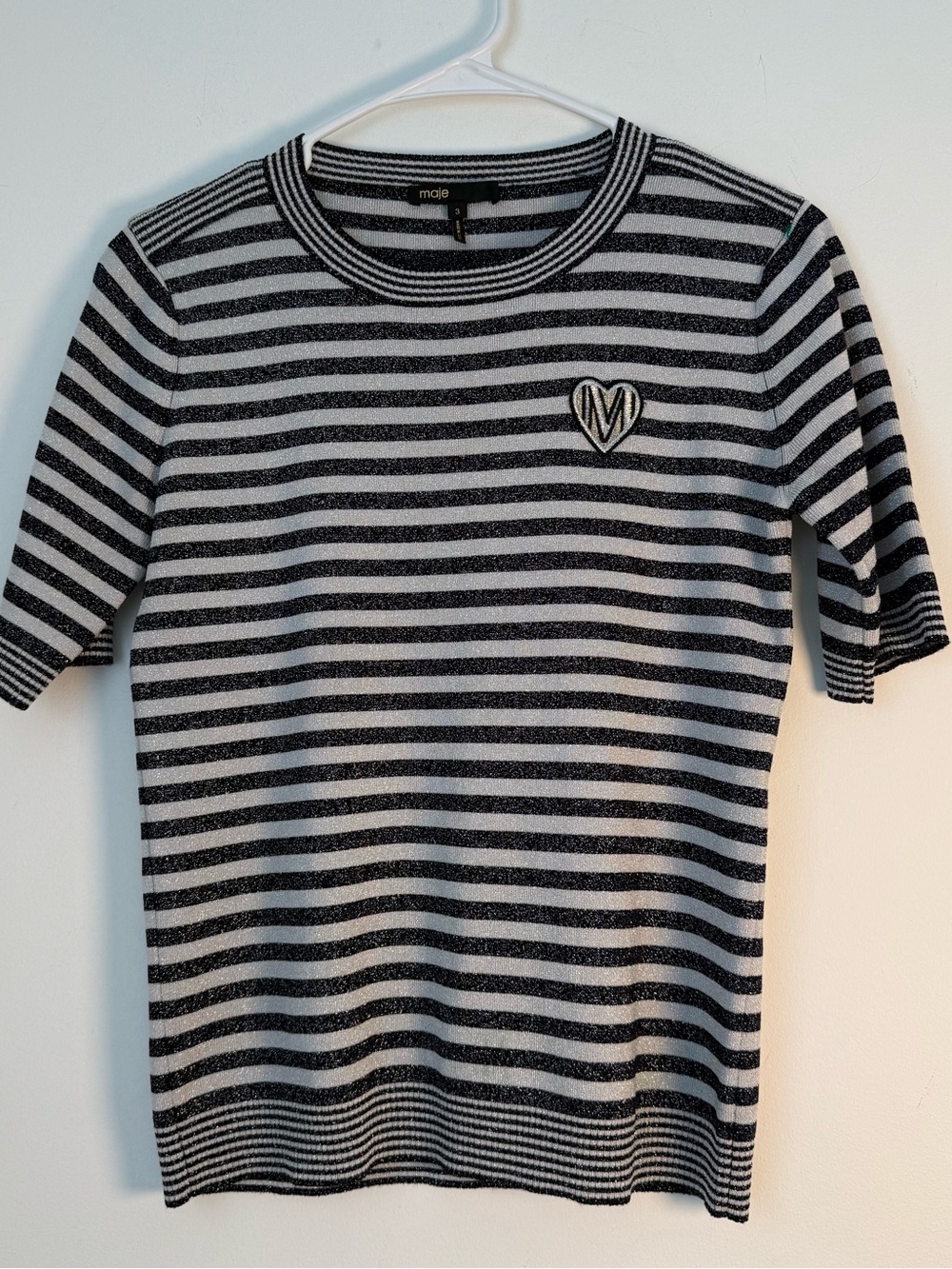 Maje Black and White Striped Short Sleeve Knit Top with Heart Patch
